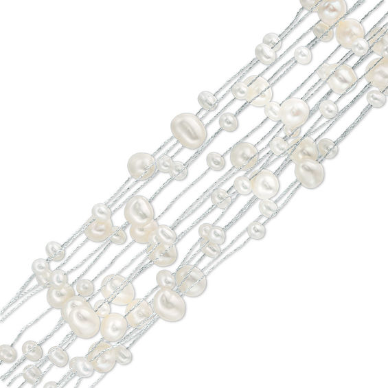 3.0-7.0mm Oval Freshwater Cultured Pearl Multi-Row Silver Thread Bracelet with Sterling Silver Clasp-7.5"
