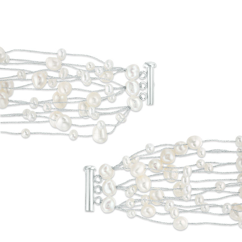 Main Image 2 of 3.0-7.0mm Oval Freshwater Cultured Pearl Multi-Row Silver Thread Bracelet with Sterling Silver Clasp-7.5"