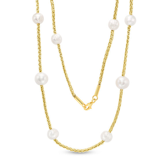 8.0-11.0mm Oval Freshwater Cultured Pearl Gold Thread Necklace with Sterling Silver in 14K Gold Plate Clasp-36"