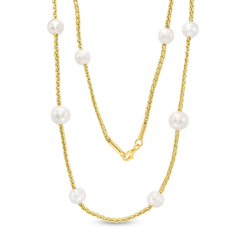Main Image 1 of 8.0-11.0mm Oval Freshwater Cultured Pearl Gold Thread Necklace with Sterling Silver in 14K Gold Plate Clasp-36"