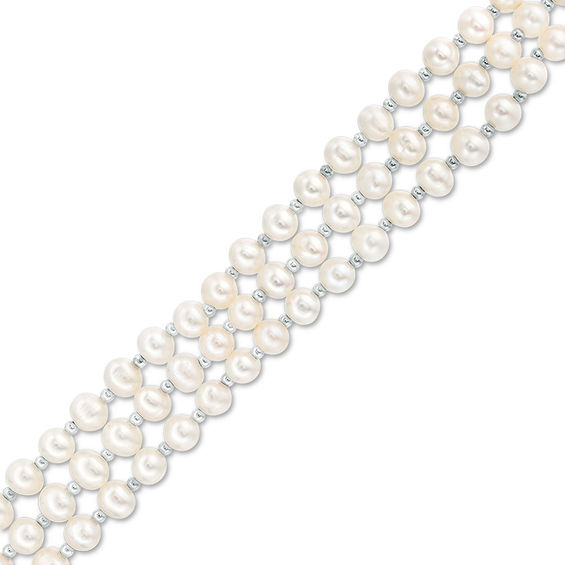 5.0-6.0mm Oval Freshwater Cultured Pearl Triple Strand Choker Necklace with Sterling Silver Beads and Clasp-15.5"
