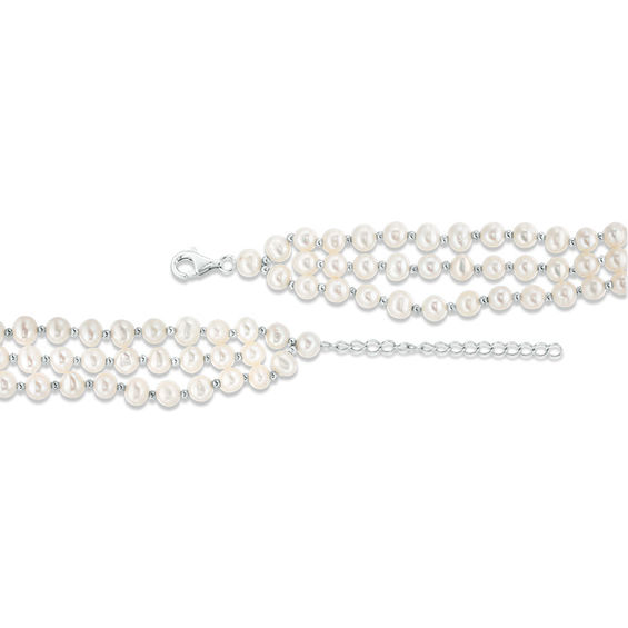 5.0-6.0mm Oval Freshwater Cultured Pearl Triple Strand Choker Necklace with Sterling Silver Beads and Clasp-15.5"