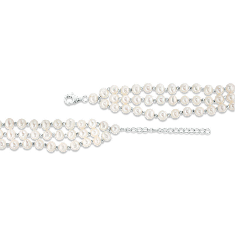Main Image 2 of 5.0-6.0mm Oval Freshwater Cultured Pearl Triple Strand Choker Necklace with Sterling Silver Beads and Clasp-15.5"
