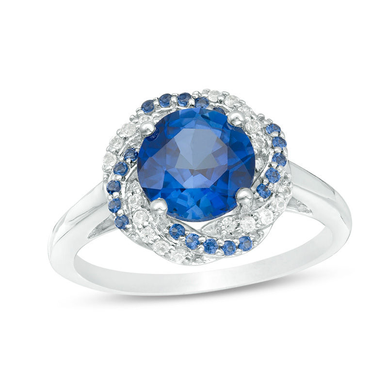 Main Image 1 of 7.5mm Lab-Created Blue and White Sapphire Swirl Frame Ring in Sterling Silver