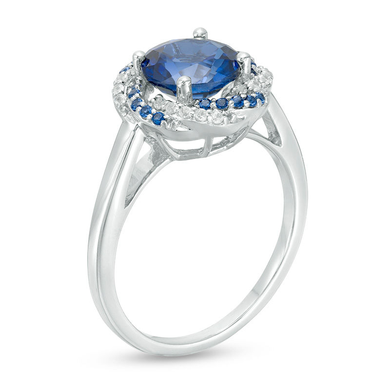 7.5mm Lab-Created Blue and White Sapphire Swirl Frame Ring in Sterling Silver