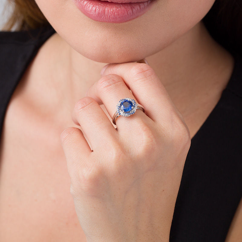 7.5mm Lab-Created Blue and White Sapphire Swirl Frame Ring in Sterling Silver