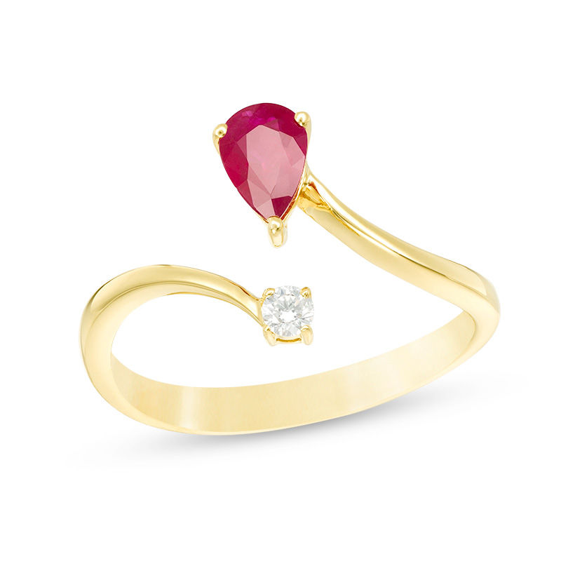 Pear-Shaped Ruby and 1/20 CT. T.W. Diamond Bypass Wrap Ring in 10K Gold ...