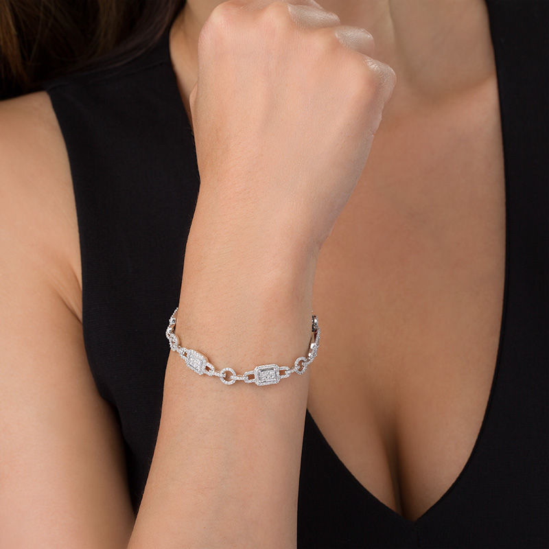 Main Image 2 of 3 CT. T.W. Princess-Cut and Round Diamond Buckle Link Bracelet in 10K White Gold