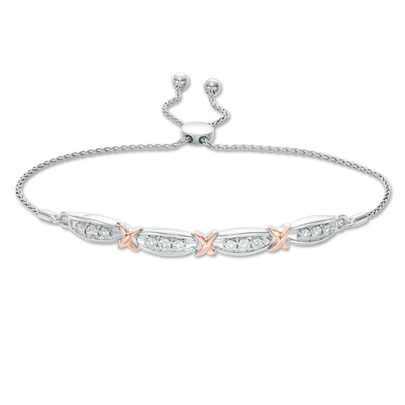 Main Image 1 of 1/20 CT. T.W. Diamond Fashion "X" Bolo Bracelet in Sterling Silver and 10K Rose Gold - 9.5"