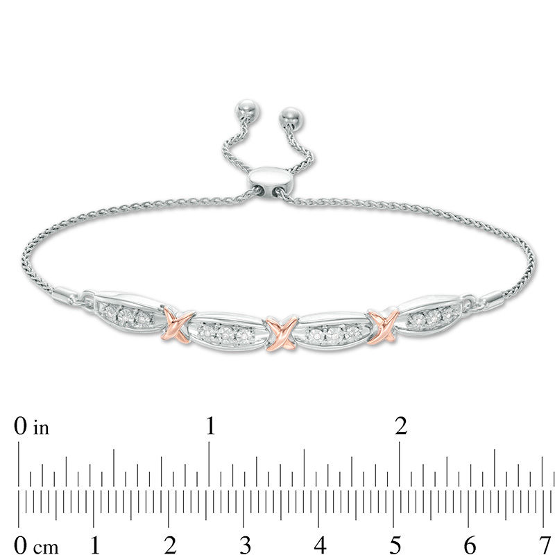 Main Image 3 of 1/20 CT. T.W. Diamond Fashion "X" Bolo Bracelet in Sterling Silver and 10K Rose Gold - 9.5"