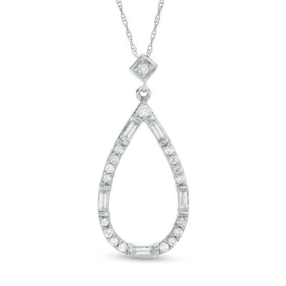 1/2 CT. T.w. Baguette and Round Diamond Teardrop Outline Pendant in 10K White Gold