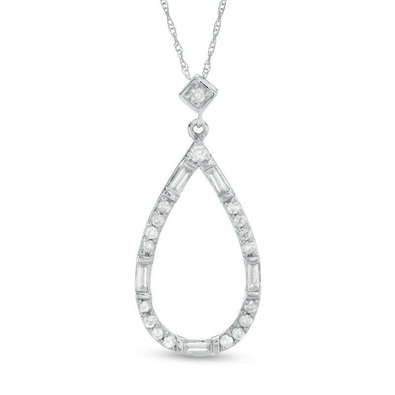 Main Image 1 of 1/2 CT. T.W. Baguette and Round Diamond Teardrop Outline Pendant in 10K White Gold
