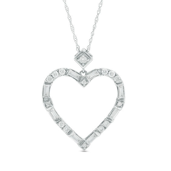 1/2 CT. T.w. Baguette and Round Diamond Alternating Heart Outline Pendant in 10K White Gold