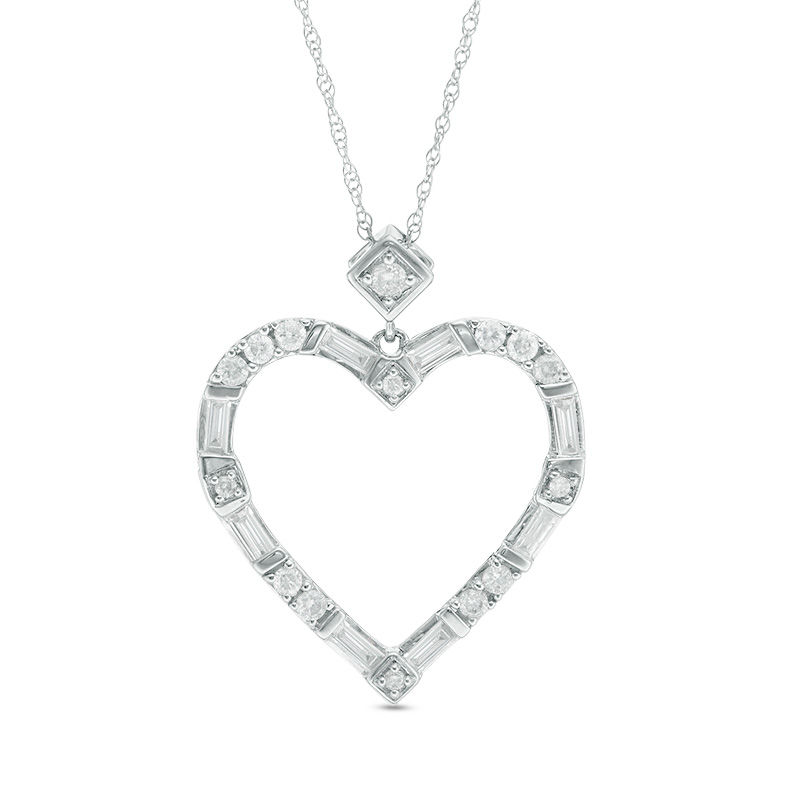 1/2 CT. T.W. Baguette and Round Diamond Alternating Heart Outline Pendant in 10K White Gold