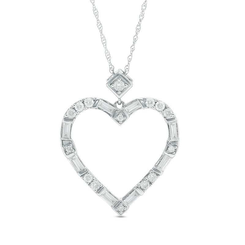 Main Image 1 of 1/2 CT. T.W. Baguette and Round Diamond Alternating Heart Outline Pendant in 10K White Gold