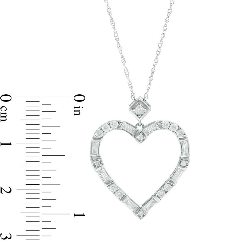 Main Image 3 of 1/2 CT. T.W. Baguette and Round Diamond Alternating Heart Outline Pendant in 10K White Gold