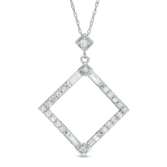 1/2 CT. T.w. Baguette and Round Diamond Tilted Square Outline Pendant in 10K White Gold
