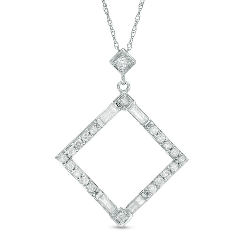 Main Image 1 of 1/2 CT. T.W. Baguette and Round Diamond Tilted Square Outline Pendant in 10K White Gold