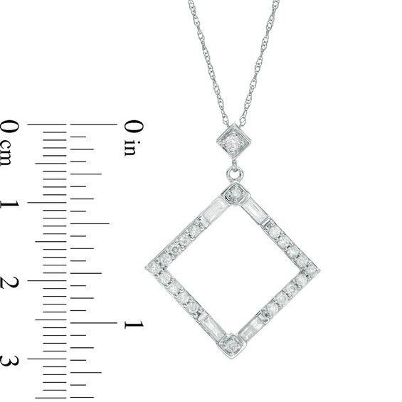 1/2 CT. T.w. Baguette and Round Diamond Tilted Square Outline Pendant in 10K White Gold