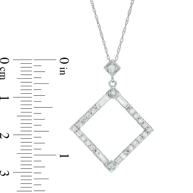 Main Image 2 of 1/2 CT. T.W. Baguette and Round Diamond Tilted Square Outline Pendant in 10K White Gold