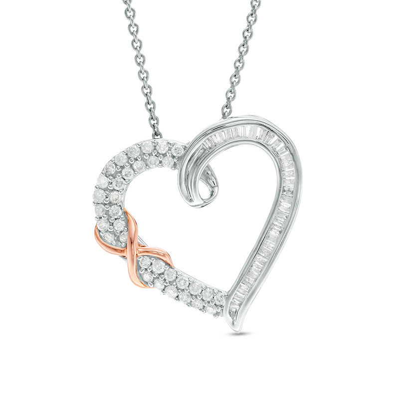Main Image 1 of 3/8 CT. T.W. Baguette and Round Diamond Infinity Heart Pendant in Sterling Silver and 10K Rose Gold