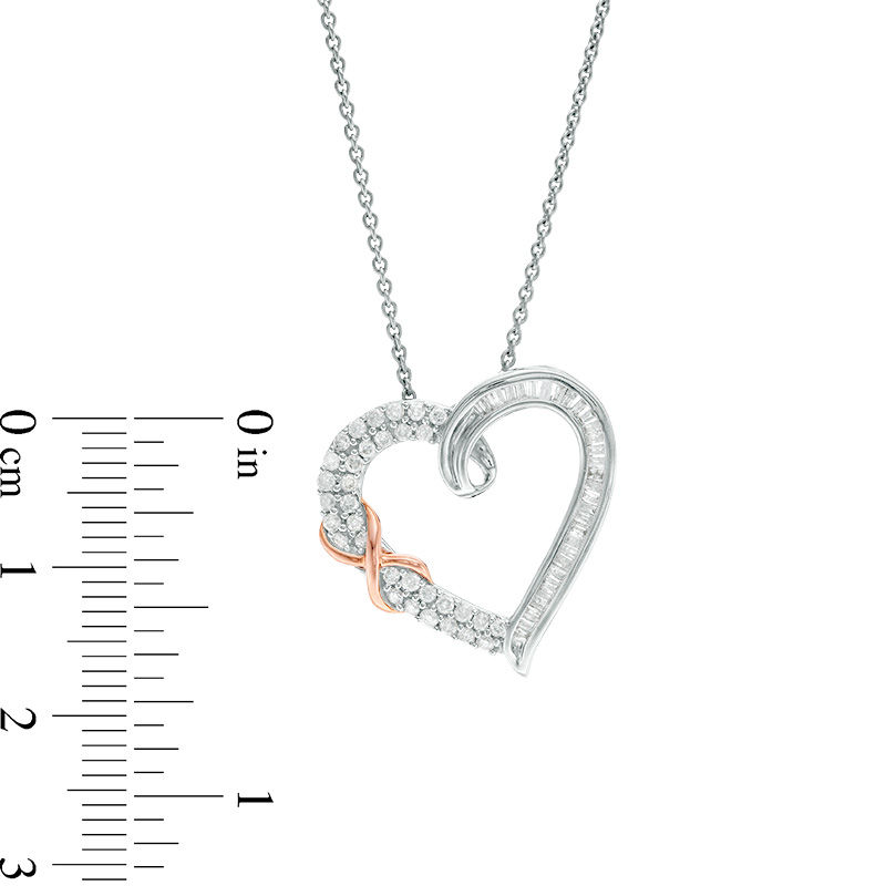 Main Image 3 of 3/8 CT. T.W. Baguette and Round Diamond Infinity Heart Pendant in Sterling Silver and 10K Rose Gold