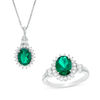 Thumbnail Image 1 of Oval Lab-Created Emerald and White Sapphire Starburst Frame Pendant and Ring Set in Sterling Silver - Size 7
