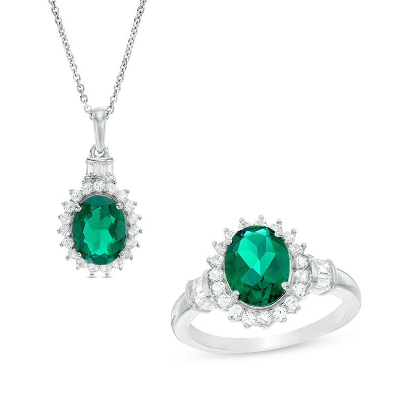 Main Image 1 of Oval Lab-Created Emerald and White Sapphire Starburst Frame Pendant and Ring Set in Sterling Silver - Size 7
