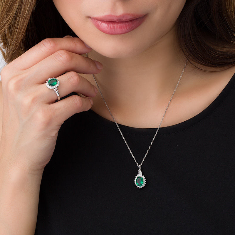 Main Image 2 of Oval Lab-Created Emerald and White Sapphire Starburst Frame Pendant and Ring Set in Sterling Silver - Size 7