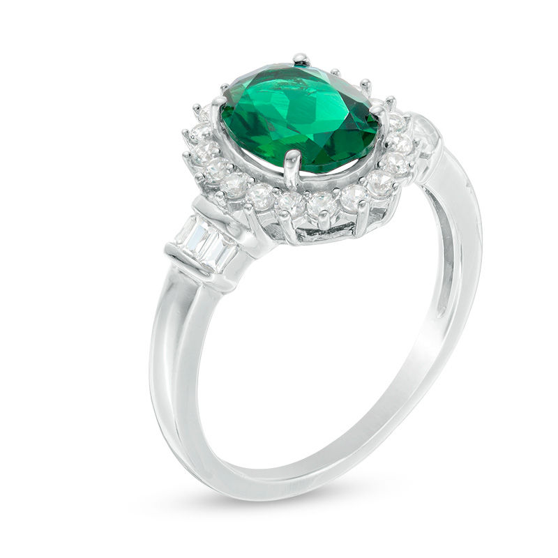 Main Image 3 of Oval Lab-Created Emerald and White Sapphire Starburst Frame Pendant and Ring Set in Sterling Silver - Size 7