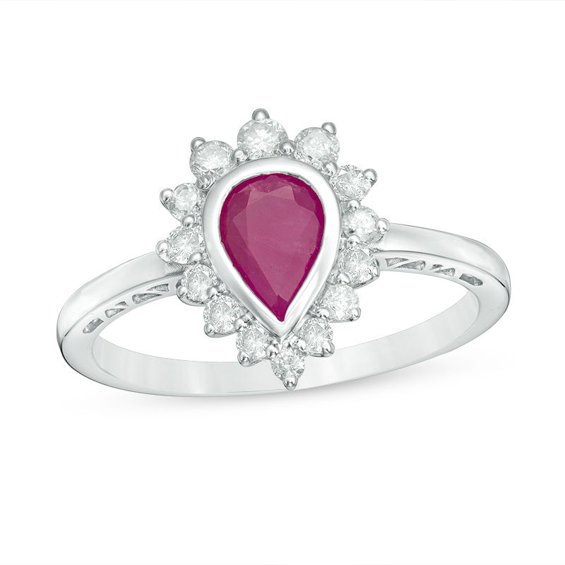 Pear-Shaped Ruby and 1/4 CT. T.W. Diamond Starburst Frame Ring in 10K White Gold