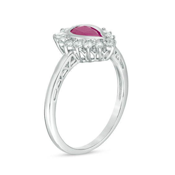 Pear-Shaped Ruby and 1/4 CT. T.w. Diamond Starburst Frame Ring in 10K White Gold
