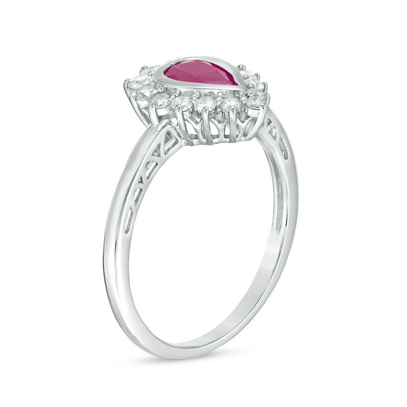 Main Image 2 of Pear-Shaped Ruby and 1/4 CT. T.W. Diamond Starburst Frame Ring in 10K White Gold
