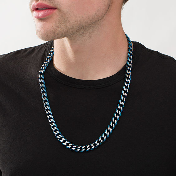 Men's 10.5mm Cuban Curb Chain Necklace in Blue IP Stainless Steel 24" Zales