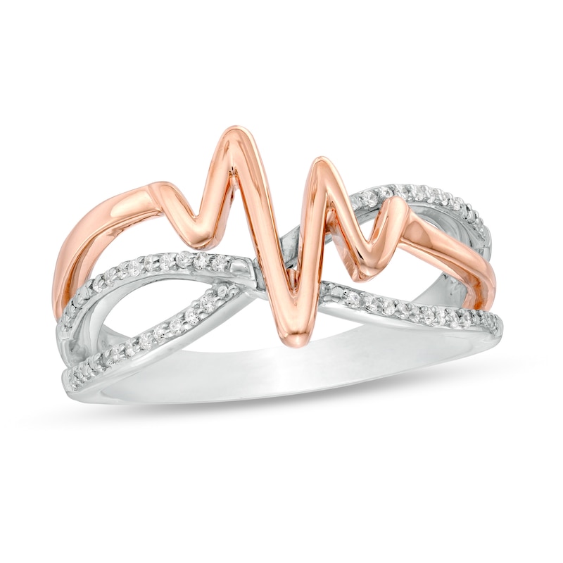 1/10 CT. T.W. Diamond Layered Crossover Heartbeat Ring in Sterling Silver with 14K Rose Gold Plate