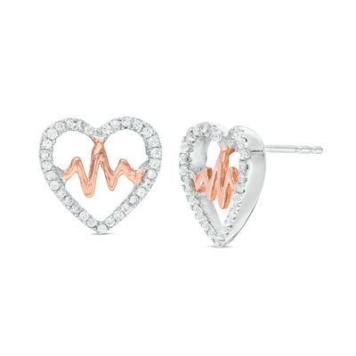 1 5 Ct T W Diamond Heartbeat In Heart Stud Earrings In Sterling Silver And 10k Rose Gold Zales 1 5 Ct T W Diamond Heartbeat In Heart Stud Earrings In Sterling Silver And 10k Rose Gold Zales
