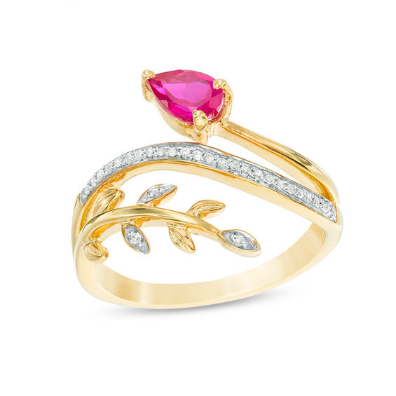 Pear-Shaped Lab-Created Ruby and 1/15 CT .T.W. Diamond Leafy Branch Bypass Ring in Sterling Silver with 14K Gold Plate Pear-Shaped Lab-Created Ruby and 1/15 CT .T.W. Diamond Leafy Branch Bypass Ring in Sterling Silver with 14K Gold Plate