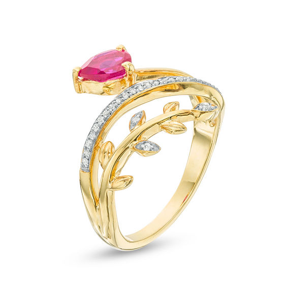 Pear-Shaped Lab-Created Ruby and 1/15 CT .T.W. Diamond Leafy Branch Bypass Ring in Sterling Silver with 14K Gold Plate Pear-Shaped Lab-Created Ruby and 1/15 CT .T.W. Diamond Leafy Branch Bypass Ring in Sterling Silver with 14K Gold Plate