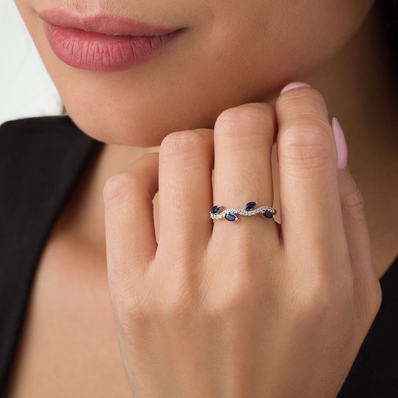 Marquise Lab-Created Blue and White Sapphire Leafy Vine Ring in Sterling Silver