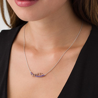 Amethyst and Lab-Created White Sapphire Vine Overlay Curved Bar Necklace in  Sterling Silver and 10K Rose Gold | Zales