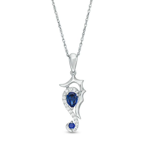 Lab-Created Blue and White Sapphire Seahorse Pendant in Sterling Silver ...