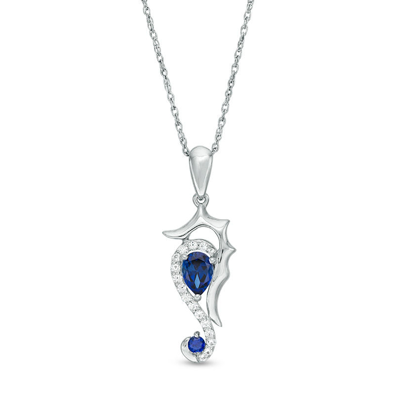Main Image 1 of Lab-Created Blue and White Sapphire Seahorse Pendant in Sterling Silver