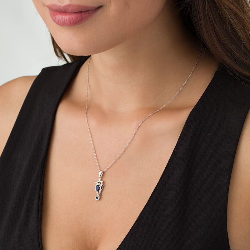 Main Image 2 of Lab-Created Blue and White Sapphire Seahorse Pendant in Sterling Silver