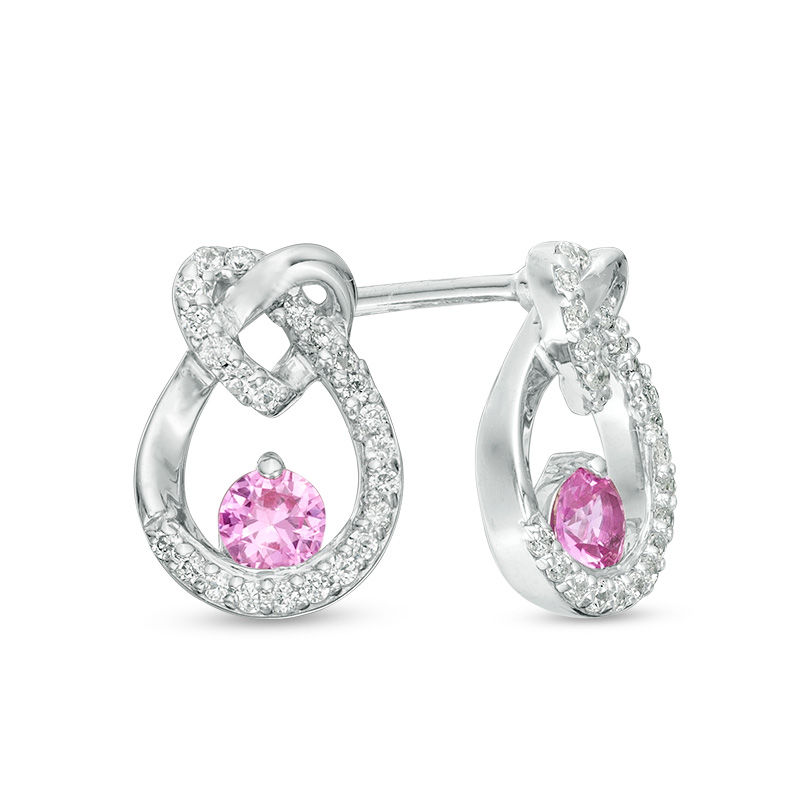 3.0mm Lab-Created Pink Sapphire and 1/6 CT. T.W. Diamond Heart Knot Teardrop Earrings in 10K White Gold