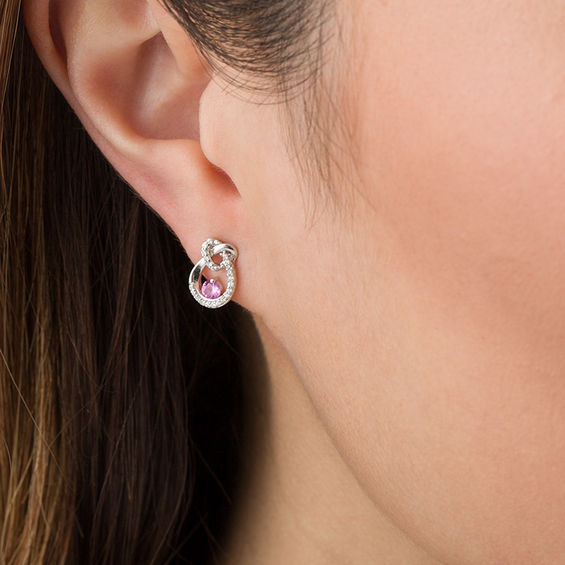 3.0mm Lab-Created Pink Sapphire and 1/6 CT. T.w. Diamond Heart Knot Teardrop Earrings in 10K White Gold