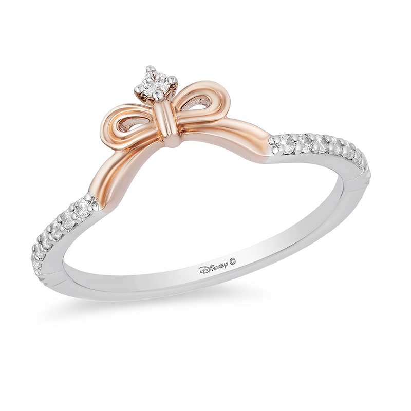 Main Image 1 of Enchanted Disney Snow White 1/10 CT. T.W. Diamond Bow Contour Wedding Band in 14K Two-Toned Gold