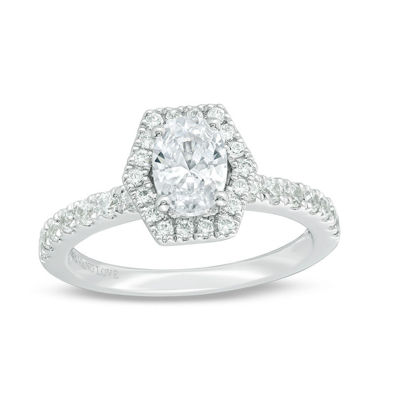 Main Image 1 of Vera Wang Love Collection 1-1/4 CT. T.W. Oval Diamond Hexagonal Frame Engagement Ring in 14K White Gold