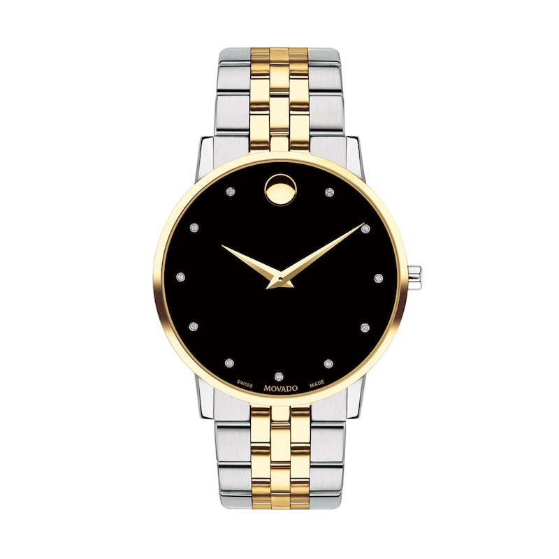 Men's Movado Museum® Classic 1/20 CT. T.W. Diamond Two-Tone PVD Watch with Black Dial (Model: 0607202)