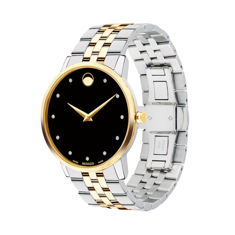Men's Movado Museum® Classic 1/20 CT. T.W. Diamond Two-Tone PVD Watch with Black Dial (Model: 0607202)