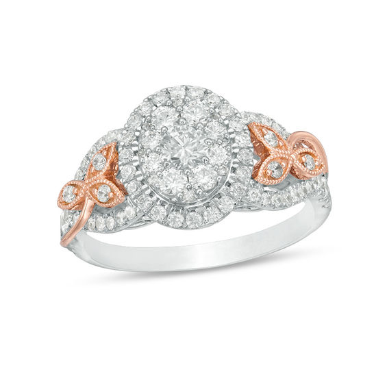 1 CT. T.w. Diamond Oval Frame Leaf-Sides Vintage-Style Engagement Ring in 14K Two-Tone Gold